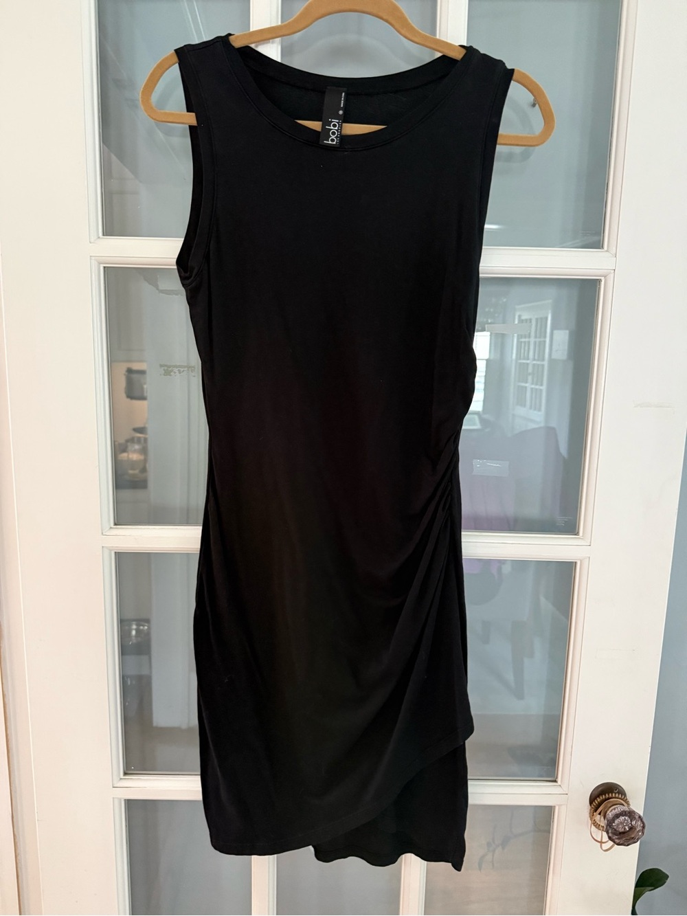 bobi Black Sleeveless Midi Dress with Side Draping